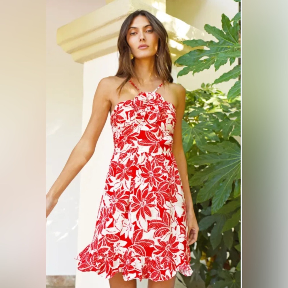 NWT Adelyn Rae Size S Floral Red Mini Sundress Halter Ruffle Sleeveless …